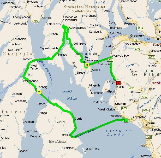 Five ferries route on map